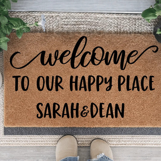 Welcome to our Happy Place personalised doormat
