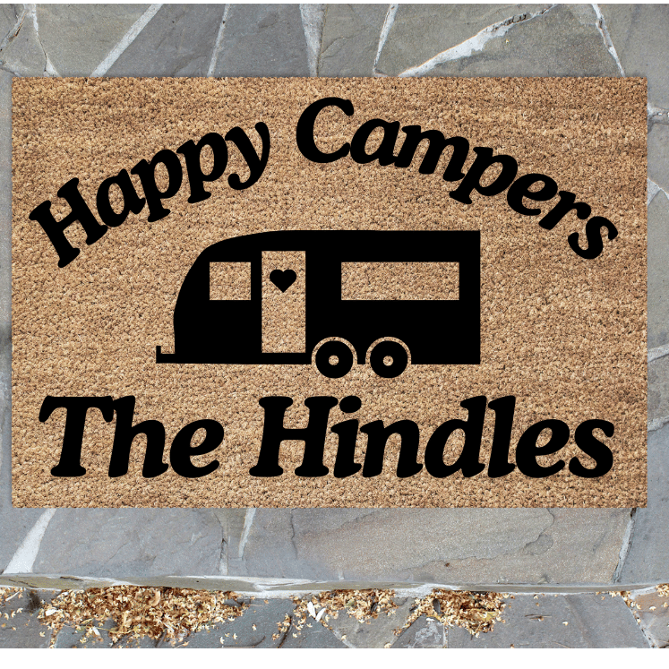 Happy campers caravan personalised doormat 