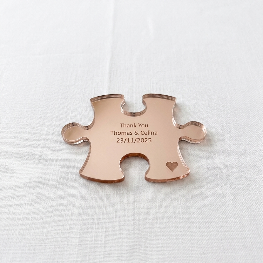 Rose gold puzzle piece pendant with engraved text on a white background