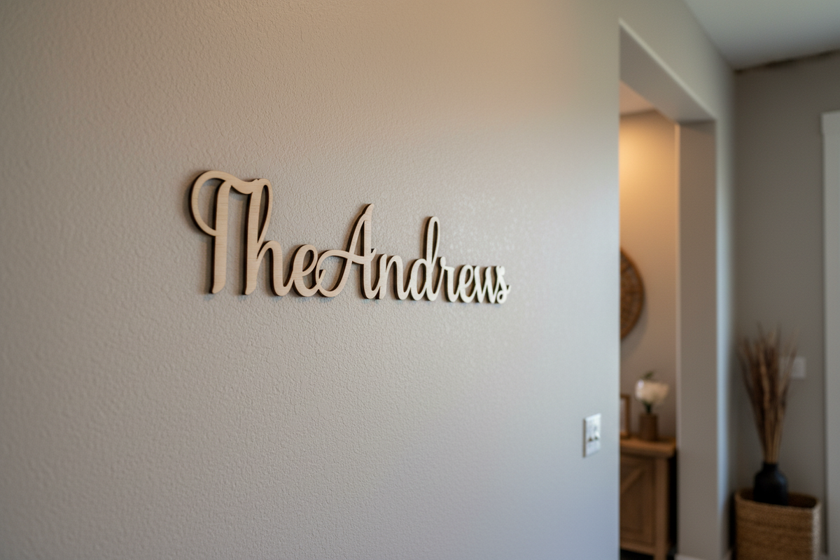 Wooden sign with 'The Andrews' on a wall in a home setting