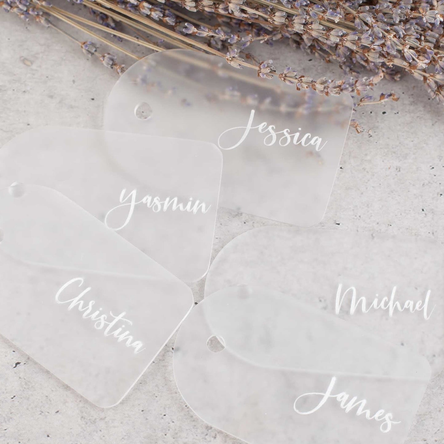 Frosted acrylic personalised luggage tag with engraved name for wedding guest place setting
