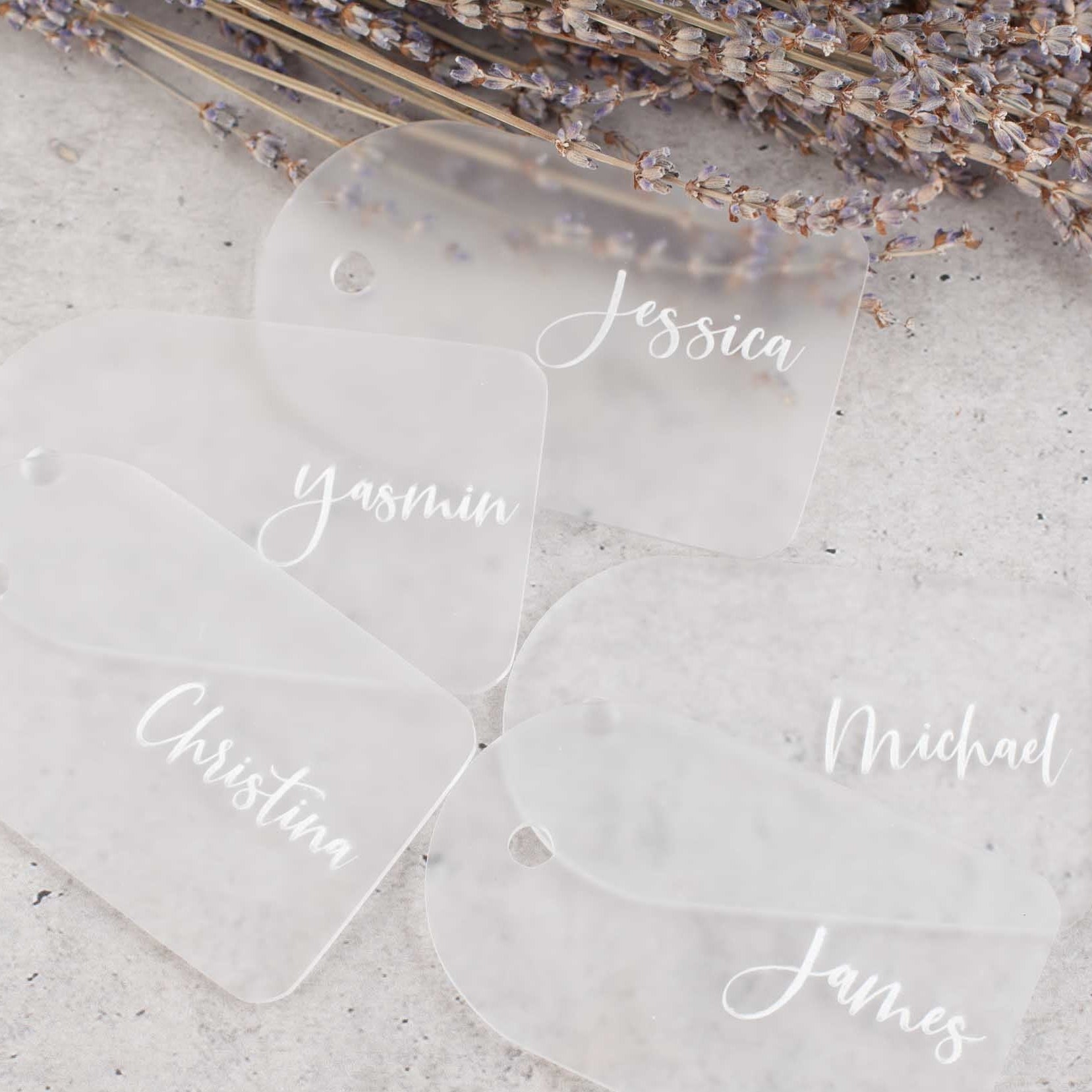 Frosted acrylic personalised luggage tag with engraved name for wedding guest place setting