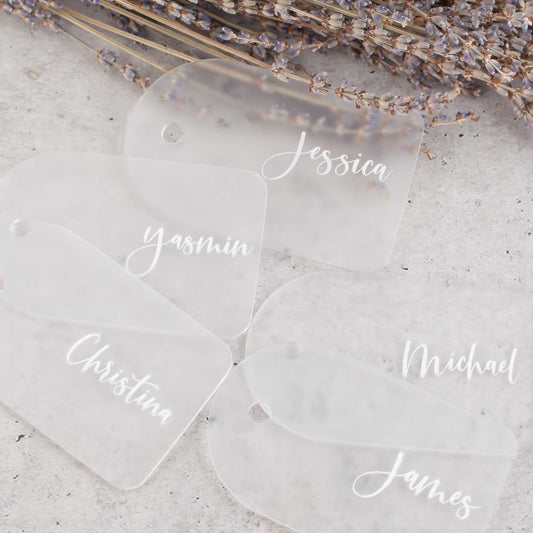 Frosted acrylic personalised luggage tag with engraved name for wedding guest place setting