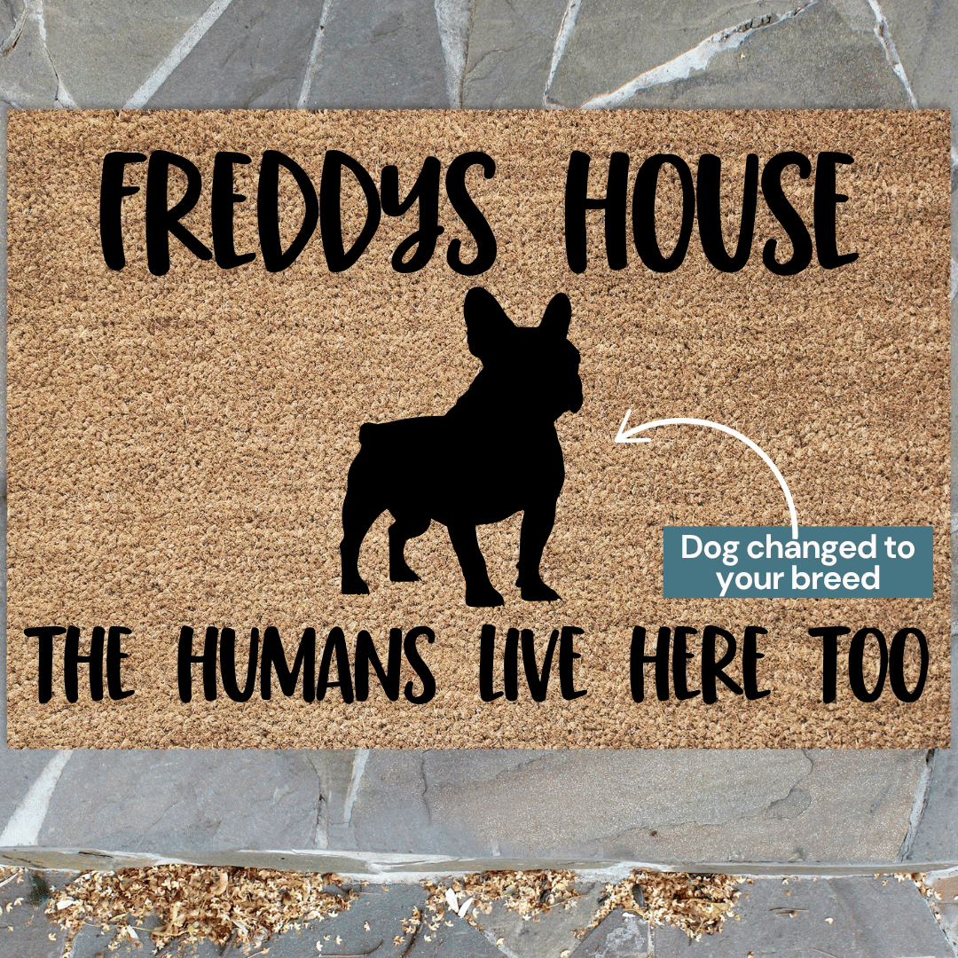 Personalised dog doormat lives here - dog breed can be changed