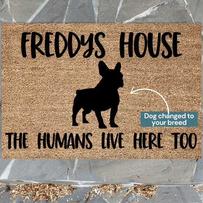 Personalised dog doormat lives here - dog breed can be changed