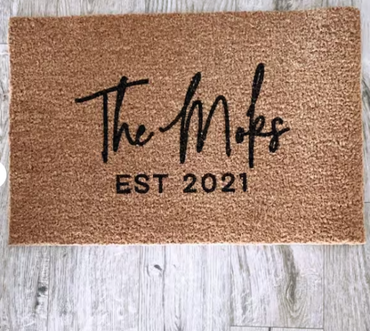Personalized_Family_Name_Doormat with EST date on it