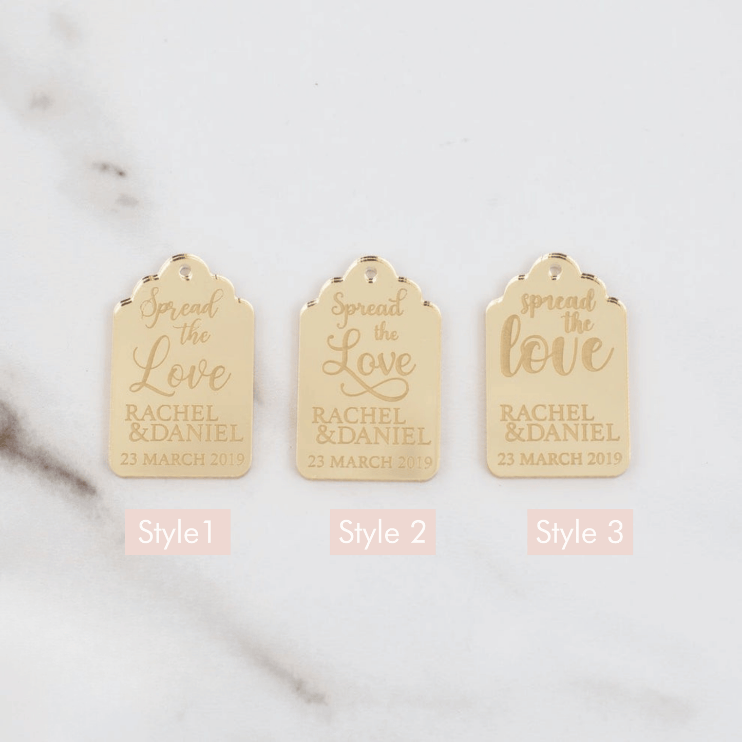 Gold Personalised Bonbonniere Tags for wedding table