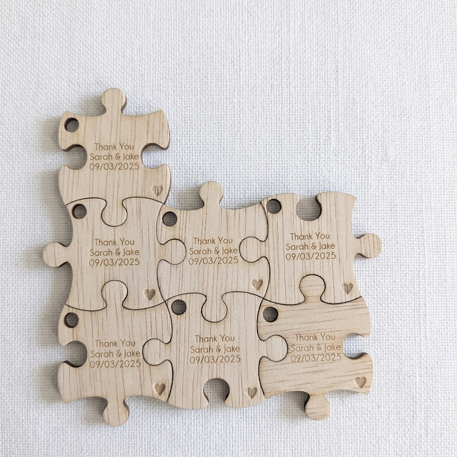 Wedding bonbomiere ideas, wooden puzzle pieces with engraved text on a light gray background