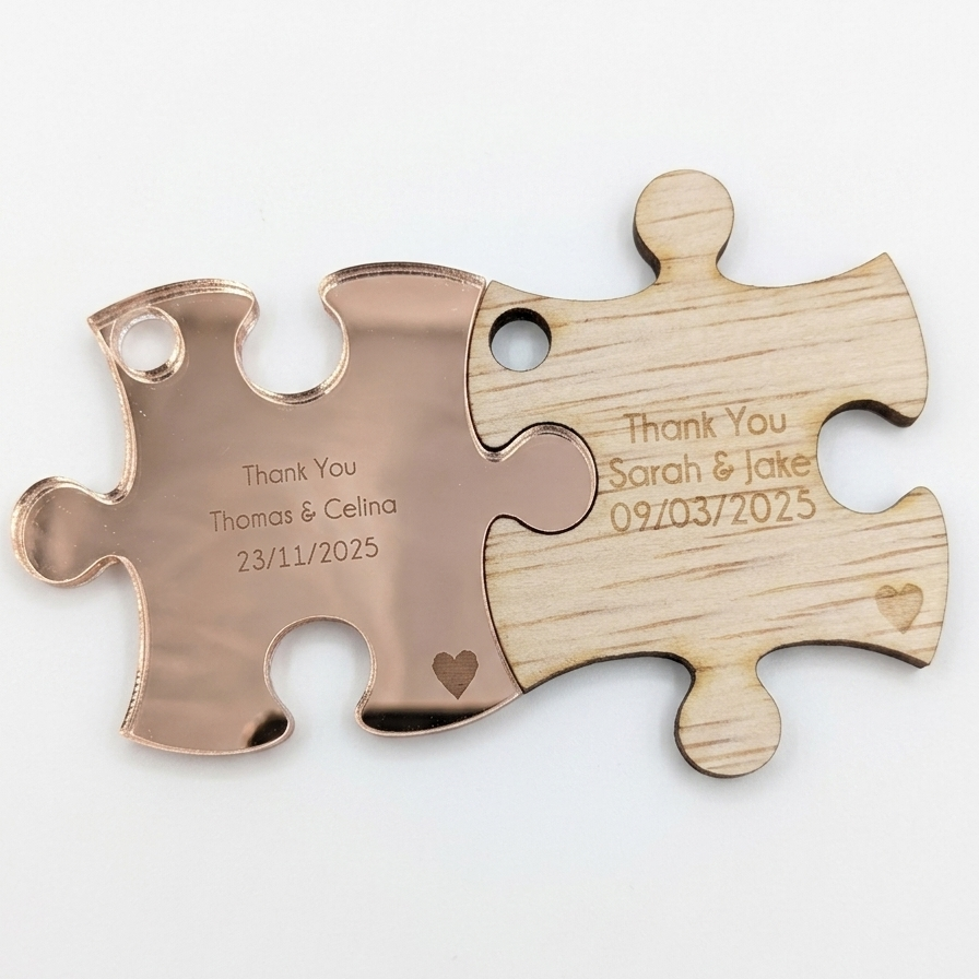 Wedding favours. Two interlocking jigsaw puzzle pieces, one rose gold and one wooden, engraved with personalized text on a white background.