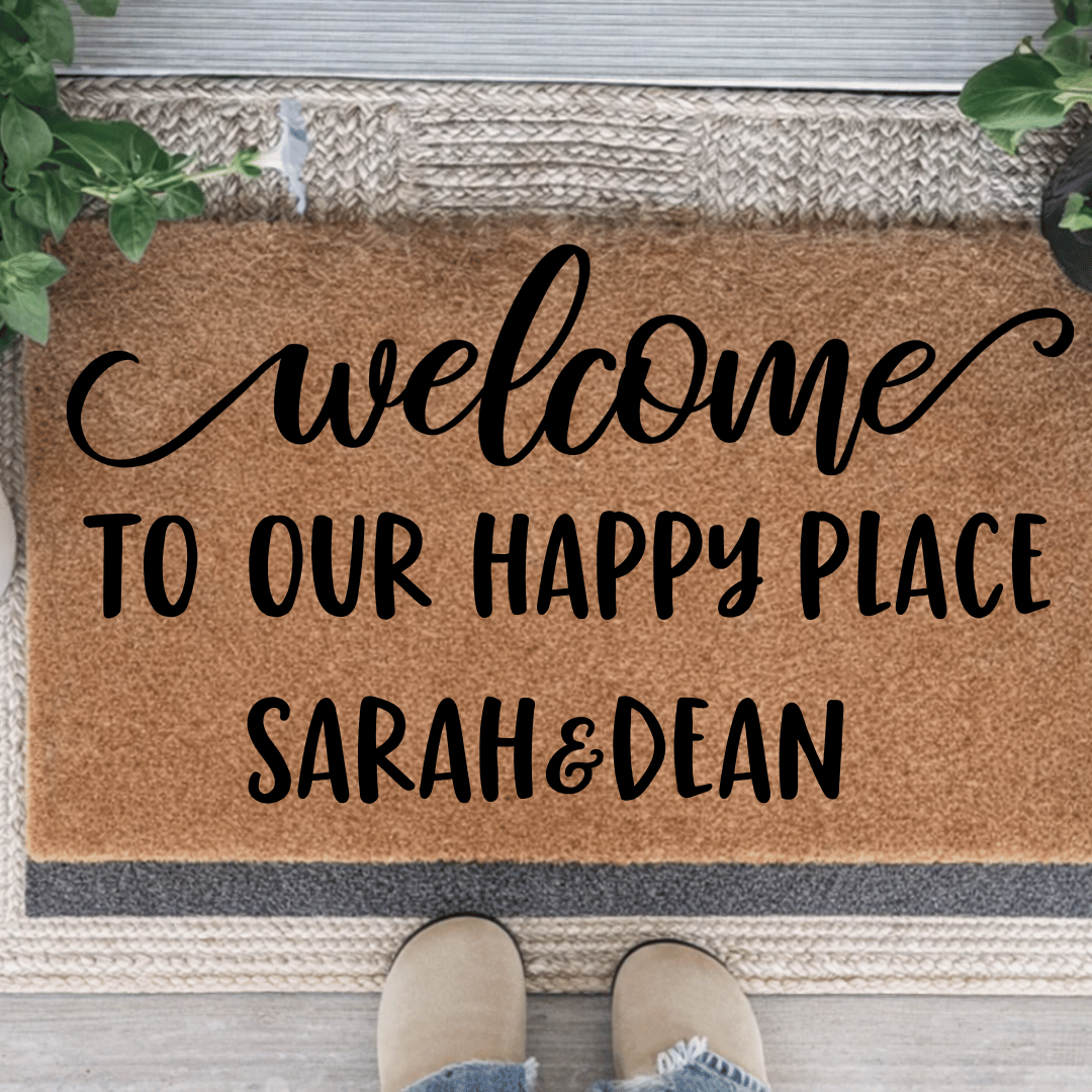 Welcome to our happy place personalised doormat customised with own names