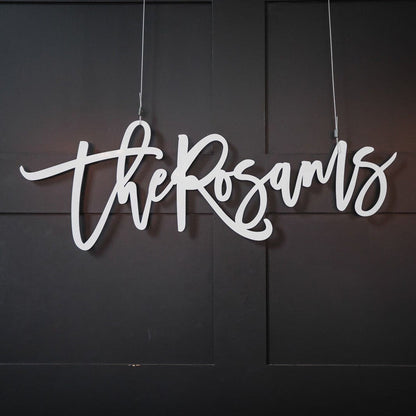 Personalised wood surname sign for events. White sign on a black background