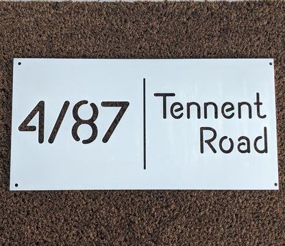 Sign for house with street address on it in white acrylic 