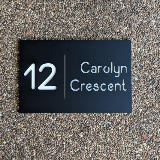 Double layer acrylic house address sign in matte black with white underneath